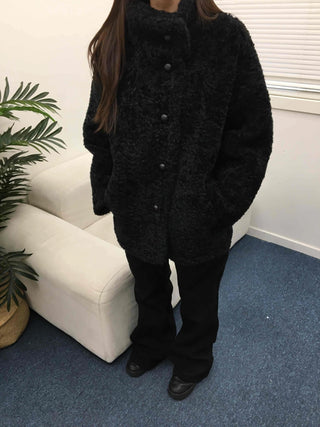 Puppy Double-Button Medium Stand-Collar Shearling Coat