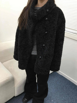 Puppy Double-Button Medium Stand-Collar Shearling Coat