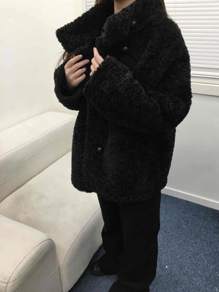 Puppy Double-Button Medium Stand-Collar Shearling Coat