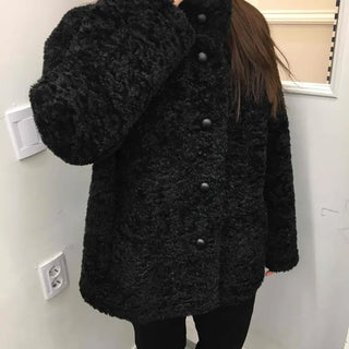 Puppy Double-Button Medium Stand-Collar Shearling Coat