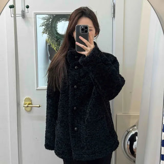 Puppy Double-Button Medium Stand-Collar Shearling Coat