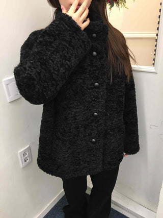 Puppy Double-Button Medium Stand-Collar Shearling Coat