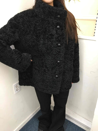 Puppy Double-Button Medium Stand-Collar Shearling Coat