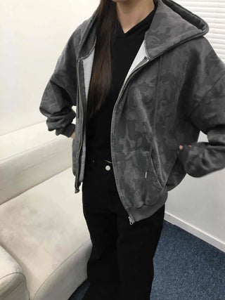 Camouflage Balloon Fit Two-Way Zip-Up Hoodie