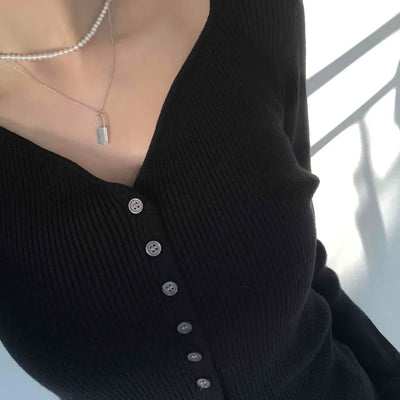 Jewel Button Ribbed Slim V-Neck Cardigan