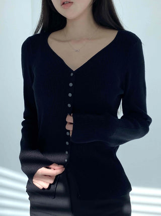Jewel Button Ribbed Slim V-Neck Cardigan