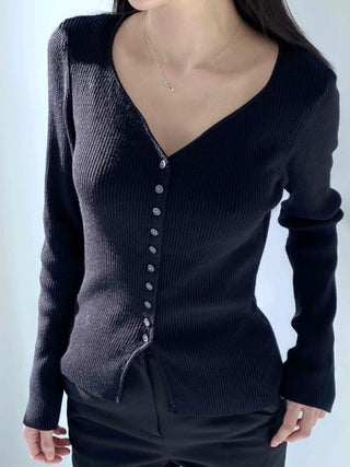 Jewel Button Ribbed Slim V-Neck Cardigan