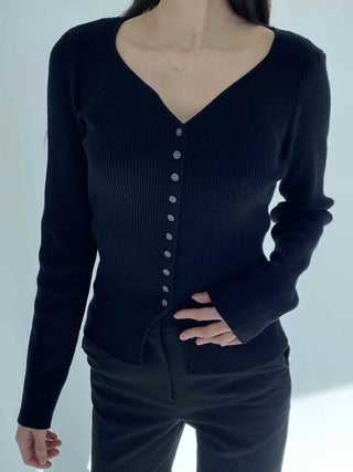 Jewel Button Ribbed Slim V-Neck Cardigan