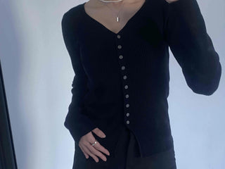 Jewel Button Ribbed Slim V-Neck Cardigan