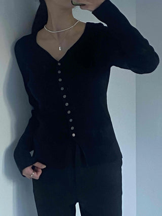Jewel Button Ribbed Slim V-Neck Cardigan