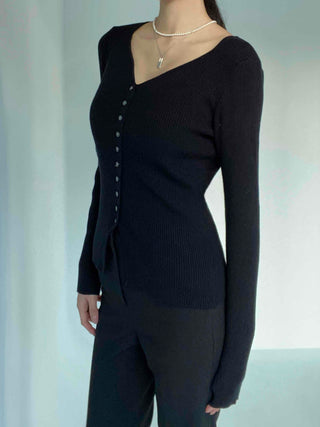 Jewel Button Ribbed Slim V-Neck Cardigan
