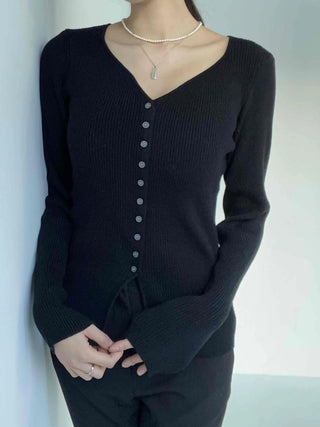 Jewel Button Ribbed Slim V-Neck Cardigan
