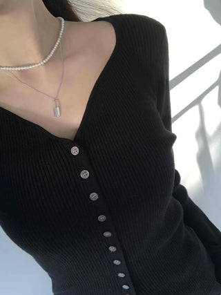 Jewel Button Ribbed Slim V-Neck Cardigan