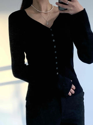 Jewel Button Ribbed Slim V-Neck Cardigan