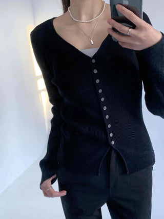 Jewel Button Ribbed Slim V-Neck Cardigan