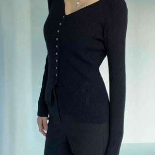 Jewel Button Ribbed Slim V-Neck Cardigan