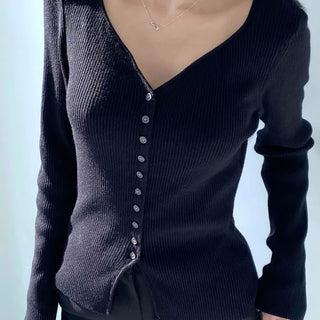 Jewel Button Ribbed Slim V-Neck Cardigan