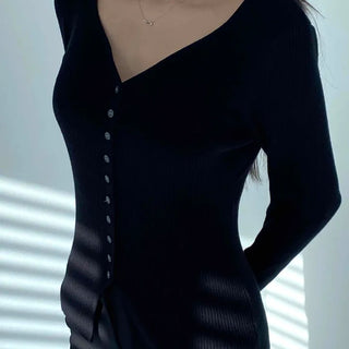 Jewel Button Ribbed Slim V-Neck Cardigan