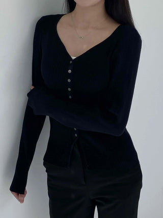 Jewel Button Ribbed Slim V-Neck Cardigan