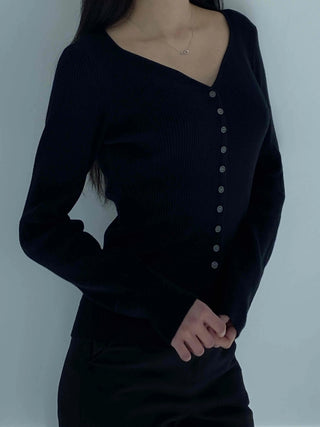 Jewel Button Ribbed Slim V-Neck Cardigan