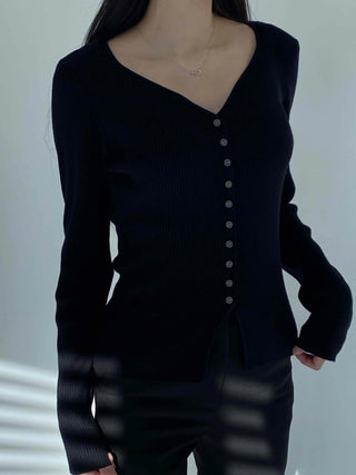 Jewel Button Ribbed Slim V-Neck Cardigan
