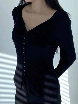 Jewel Button Ribbed Slim V-Neck Cardigan