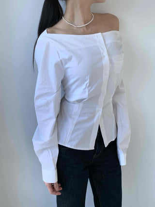 Romantic Mood Shirred Slit Off-Shoulder Blouse