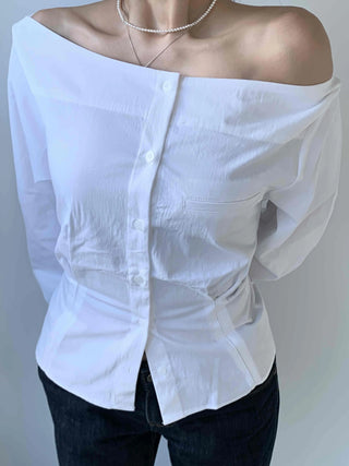Romantic Mood Shirred Slit Off-Shoulder Blouse