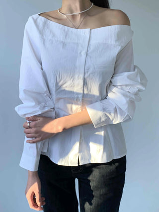 Romantic Mood Shirred Slit Off-Shoulder Blouse