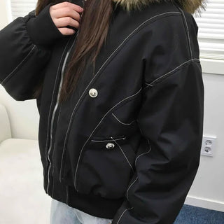 Big Collar Fur Trimmed Contrast Stitch Utility Jumper