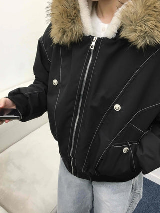 Big Collar Fur Trimmed Contrast Stitch Utility Jumper