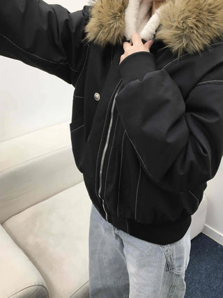 Big Collar Fur Trimmed Contrast Stitch Utility Jumper