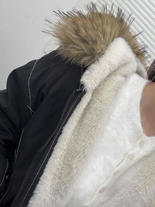 Big Collar Fur Trimmed Contrast Stitch Utility Jumper