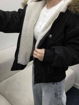 Big Collar Fur Trimmed Contrast Stitch Utility Jumper