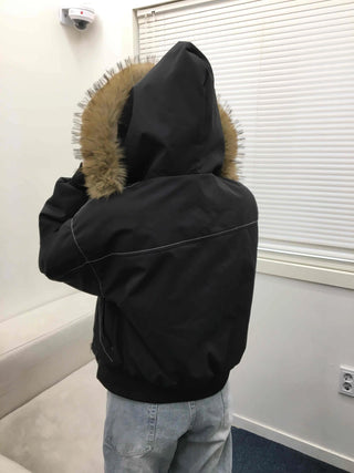 Big Collar Fur Trimmed Contrast Stitch Utility Jumper