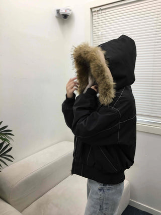 Big Collar Fur Trimmed Contrast Stitch Utility Jumper