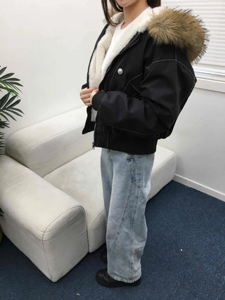 Big Collar Fur Trimmed Contrast Stitch Utility Jumper