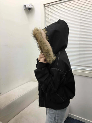 Big Collar Fur Trimmed Contrast Stitch Utility Jumper
