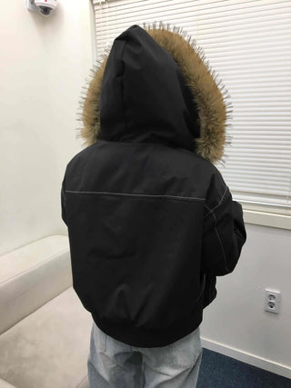 Big Collar Fur Trimmed Contrast Stitch Utility Jumper