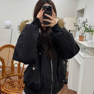 Big Collar Fur Trimmed Contrast Stitch Utility Jumper