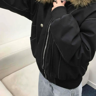 Big Collar Fur Trimmed Contrast Stitch Utility Jumper