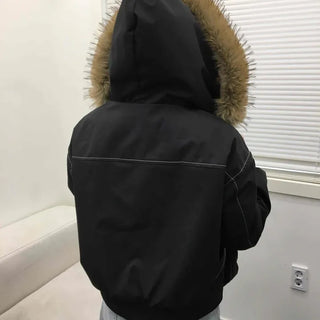 Big Collar Fur Trimmed Contrast Stitch Utility Jumper