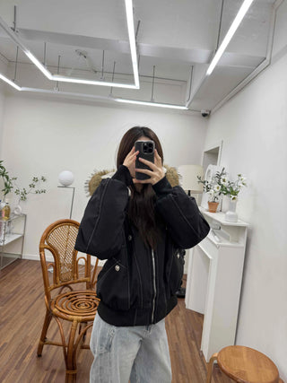 Big Collar Fur Trimmed Contrast Stitch Utility Jumper