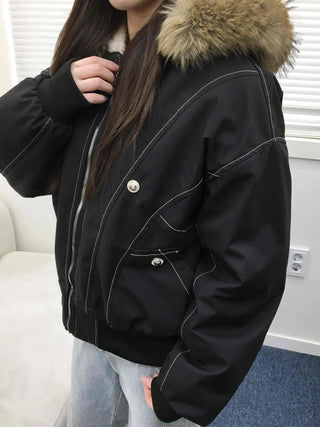 Big Collar Fur Trimmed Contrast Stitch Utility Jumper