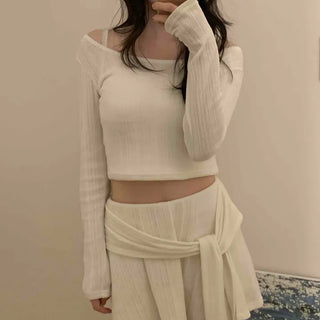 Drape Wrap Detail Horizontal Ribbed Crop Knit Elastic Banded Flare Shorts Two-Piece Set