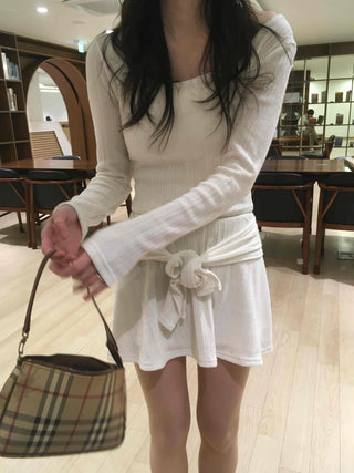 Drape Wrap Detail Horizontal Ribbed Crop Knit Elastic Banded Flare Shorts Two-Piece Set