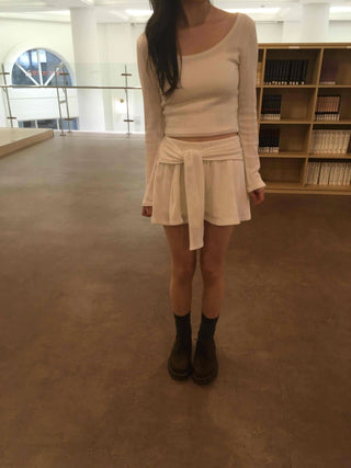 Drape Wrap Detail Horizontal Ribbed Crop Knit Elastic Banded Flare Shorts Two-Piece Set