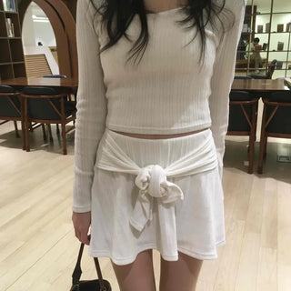Drape Wrap Detail Horizontal Ribbed Crop Knit Elastic Banded Flare Shorts Two-Piece Set