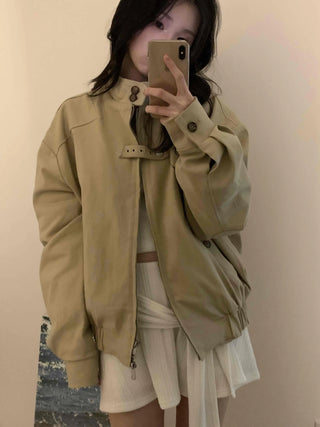 Snap Button Ribbed Short Bomber Jumper