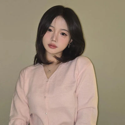 Sweat Pearl Button V-Neck Volume Sleeve Knit Cardigan
